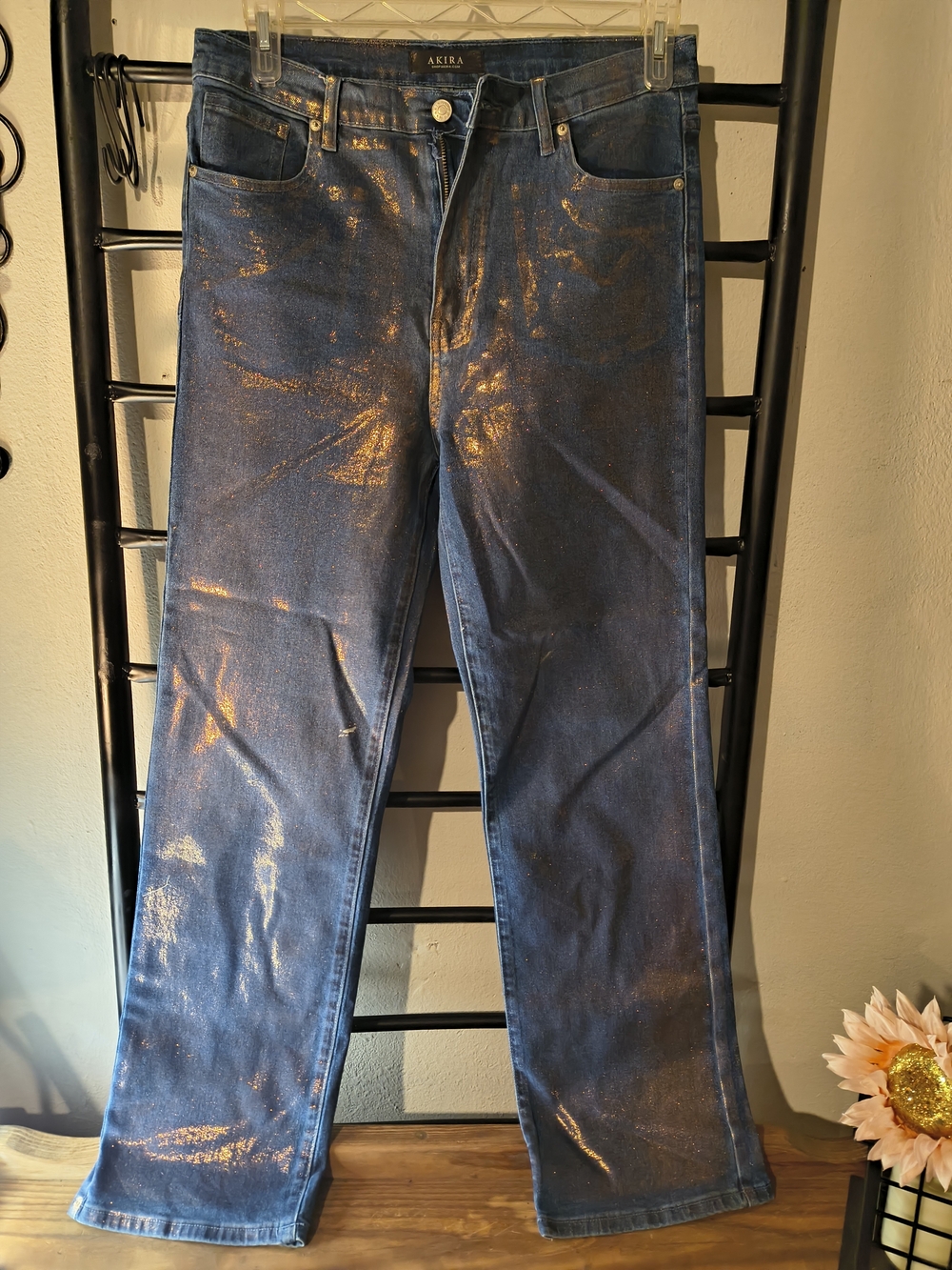 AKIRA Womens Dark Blue Jeans with Metallic Gold Sheen